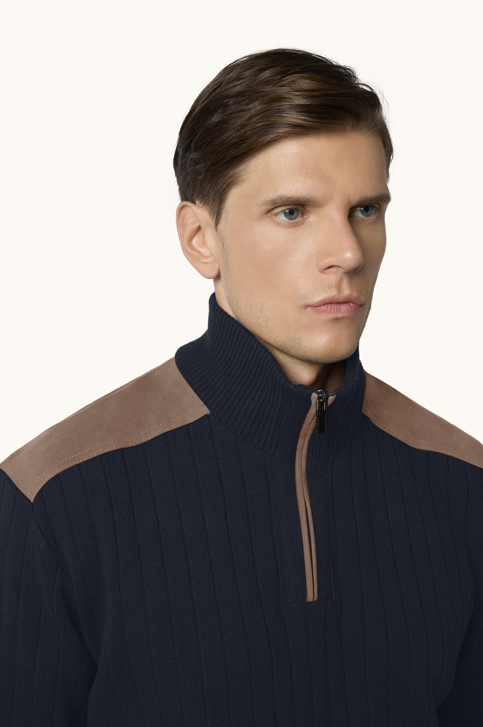 Wool cashmere half zip sweater with suede details image number 4