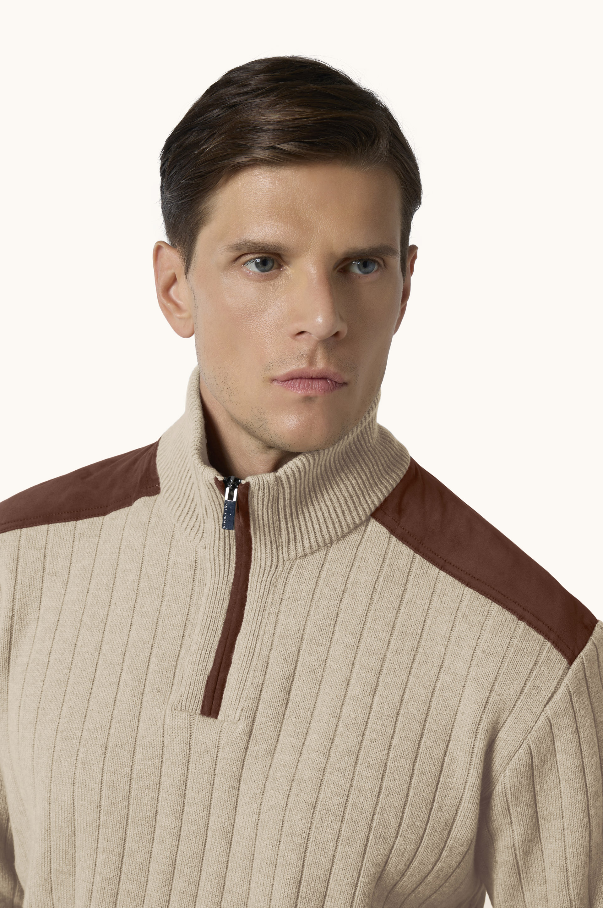 Wool cashmere half zip sweater with suede details image number 4