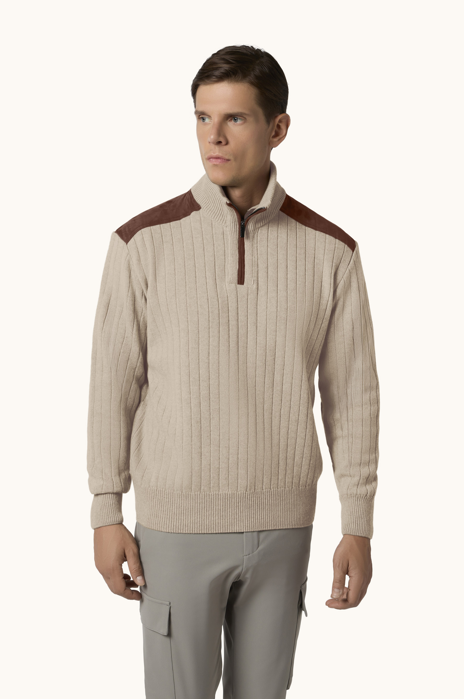 Wool cashmere half zip sweater with suede details image number 0