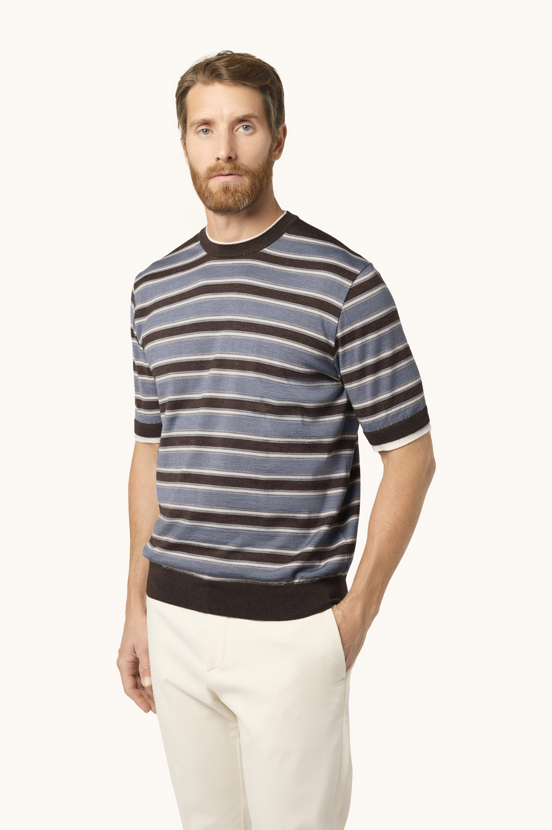 Maglia in lana e seta a righe con doppio collo image number 0