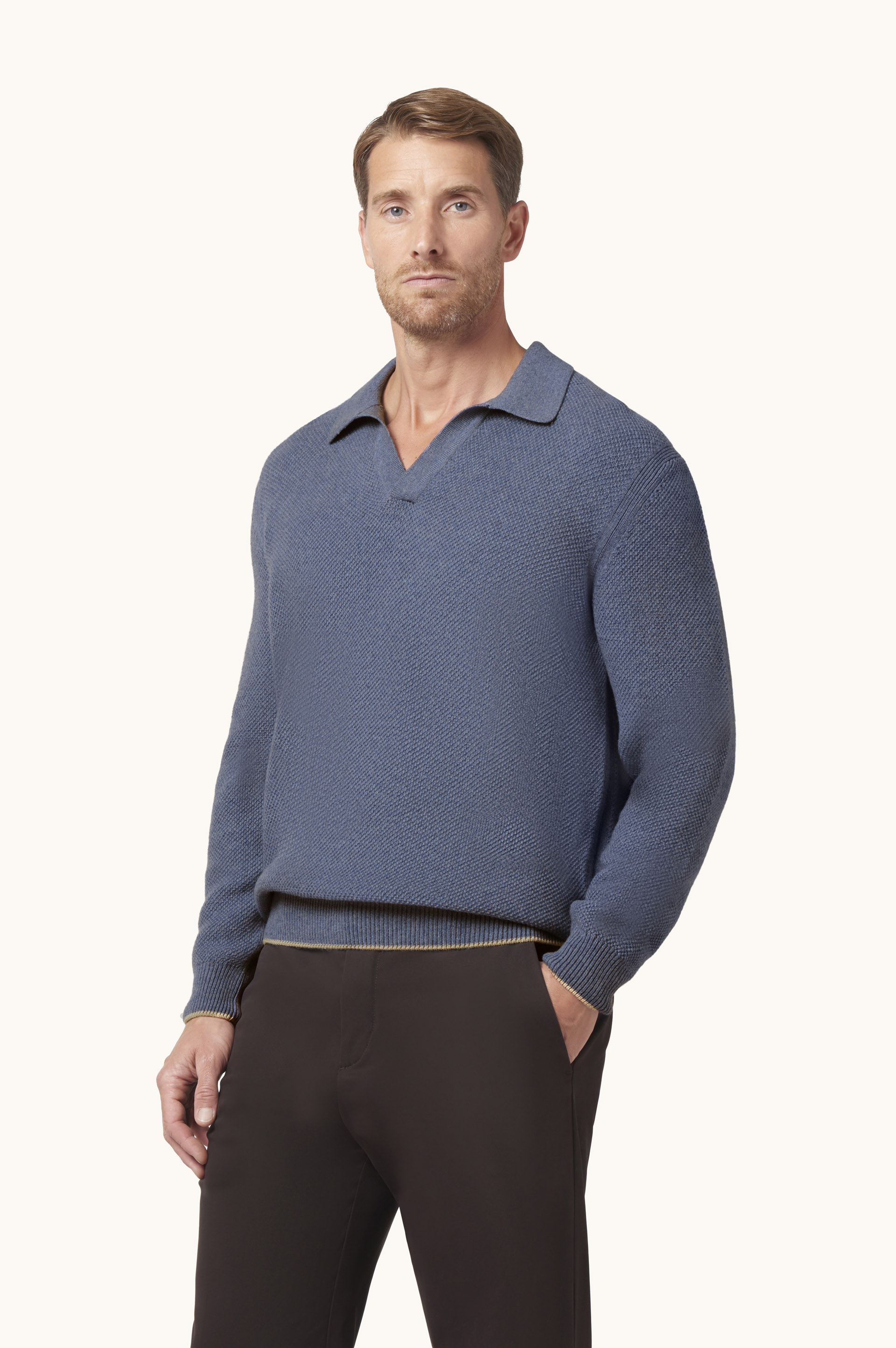 Open-collar polo in wool and cashmere image number 0