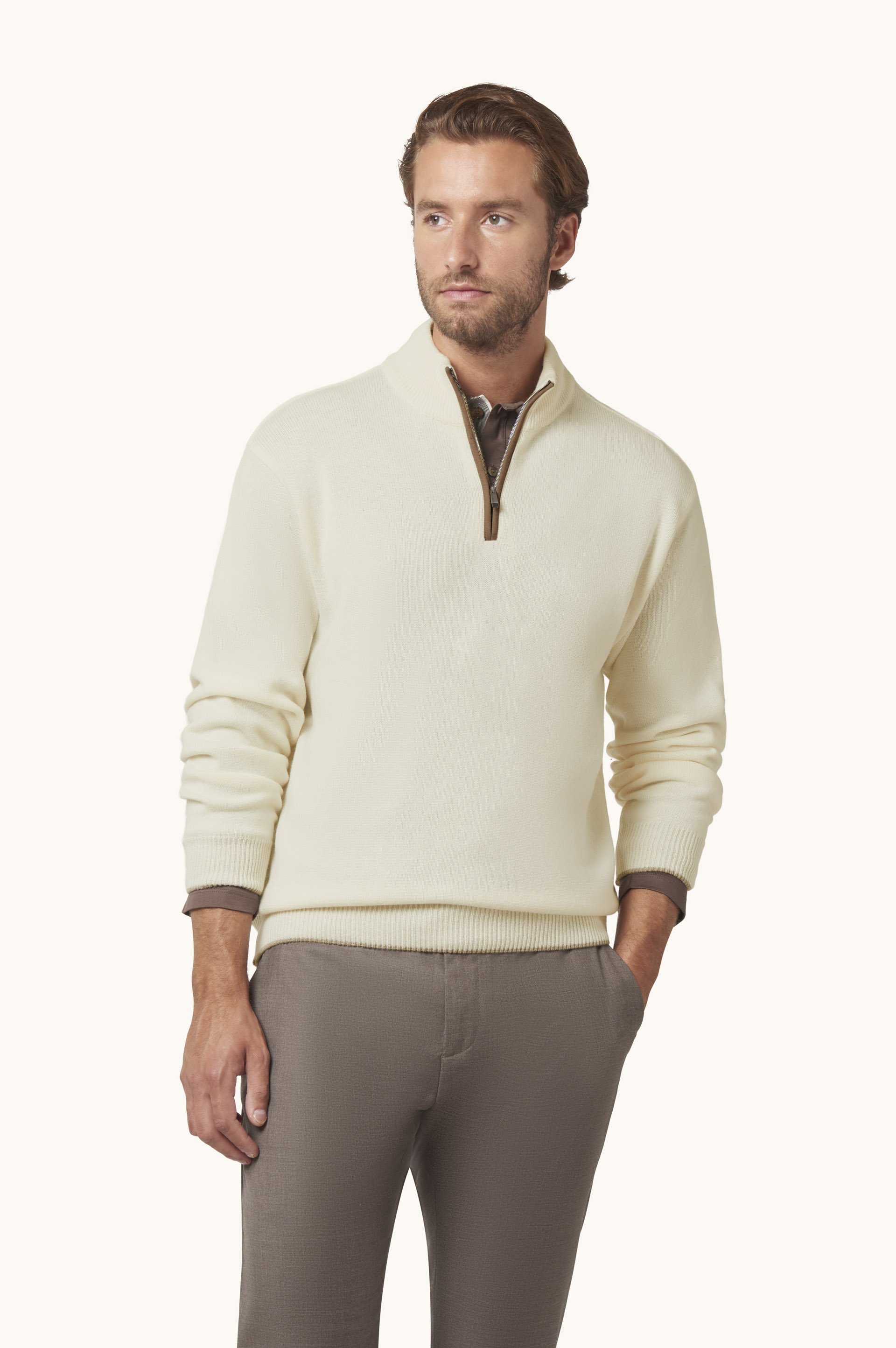 Half-zip sweater in wool and cashmere with suede details image number 0