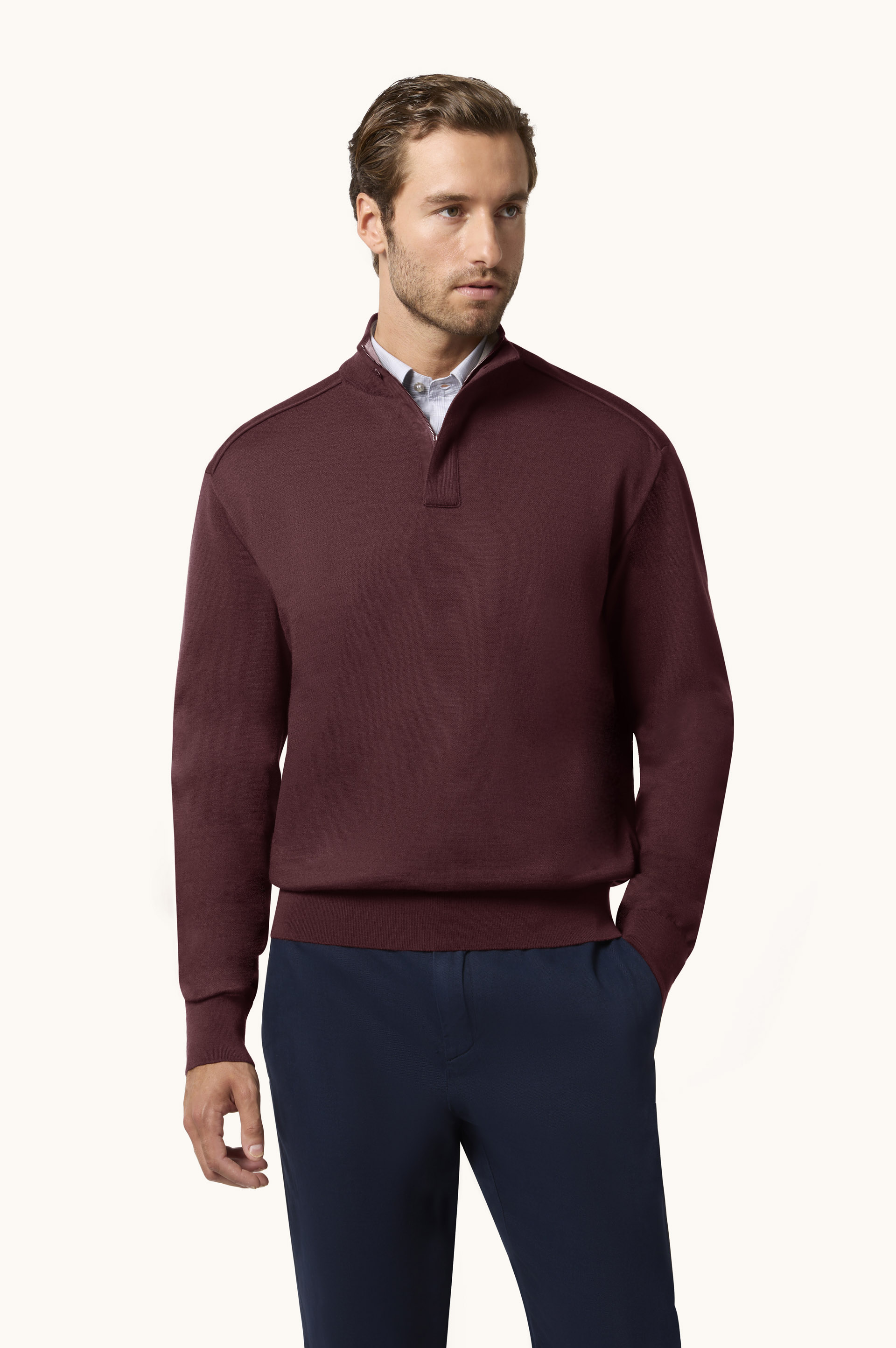 Merinowollpullover mit Halbrei&szlig;verschluss und Alcantara&reg;-Details image number 0