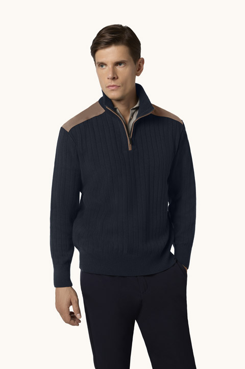 Wool cashmere half zip sweater with suede details