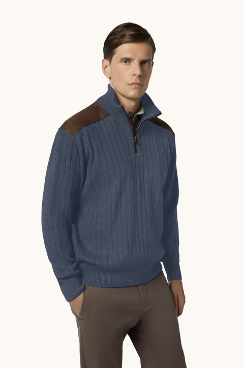 Pull &agrave; demi-zip en laine et cachemire avec des d&eacute;tails en daim