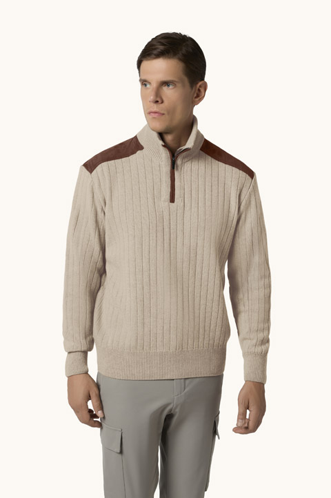 Wool cashmere half zip sweater with suede details