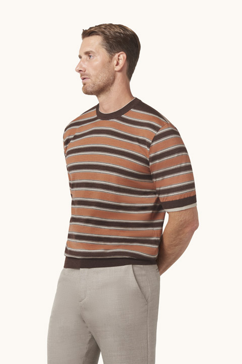 Striped wool and silk sweater with double collar