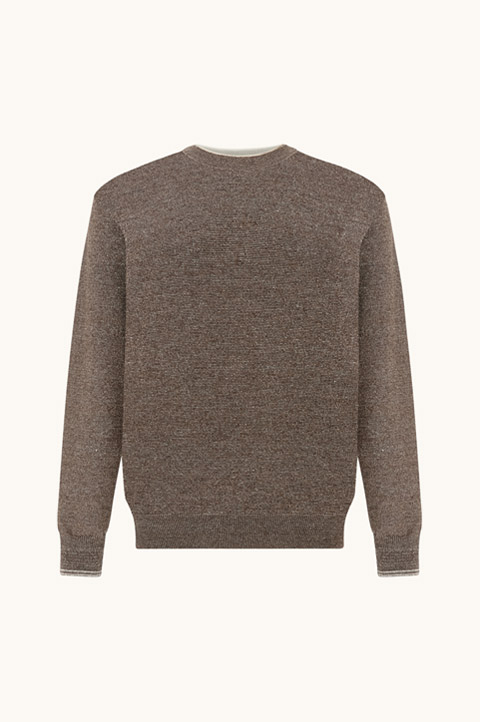 Fil-&agrave;-fil crewneck sweater in wool and linen with double collar