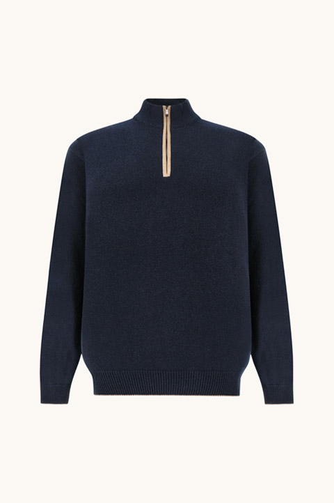 Half-zip sweater in wool and cashmere with suede details