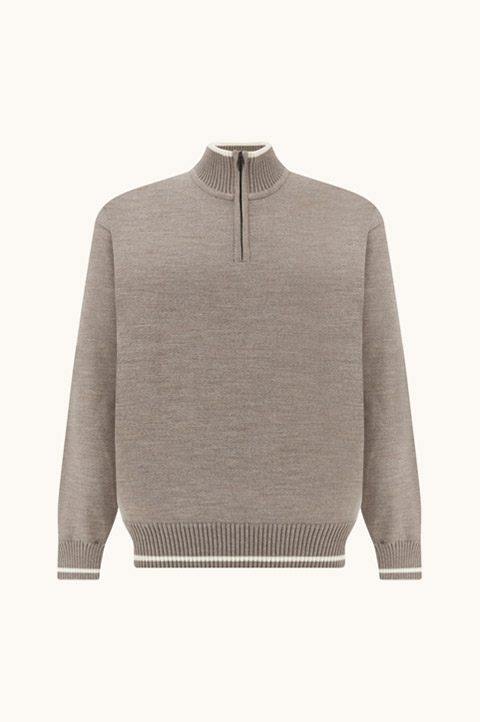 Wool Half-Zip Sweater with Contrasting Striped Trims