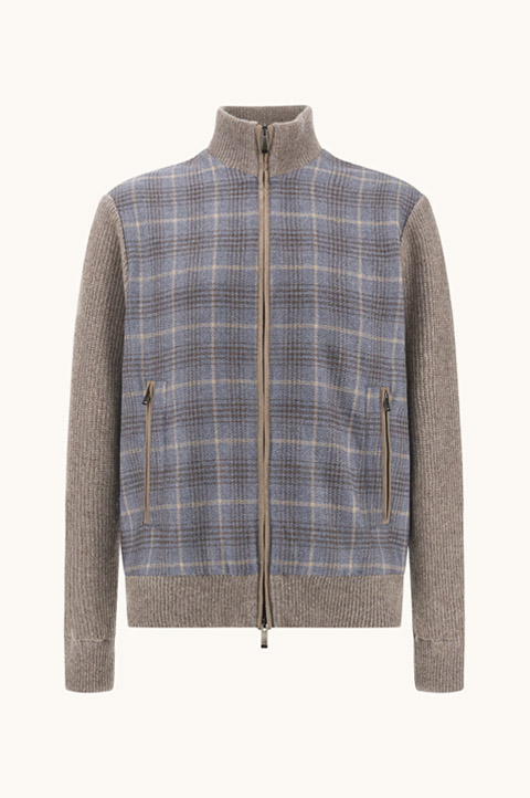 Blouson en laine et soie &agrave; motif tartan