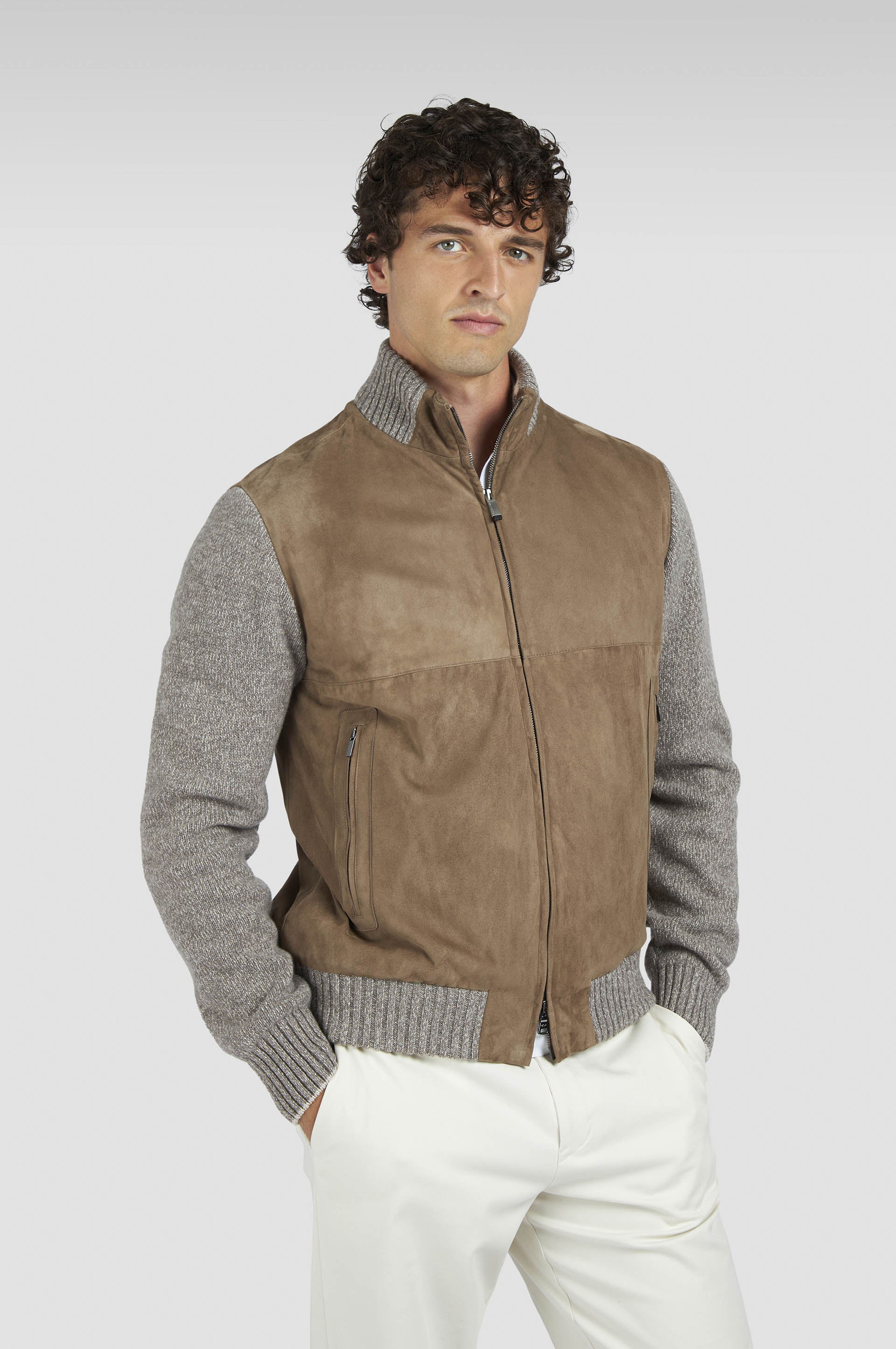 Cardigan Hybrid à zip en suède, laine et cachemire image number 0