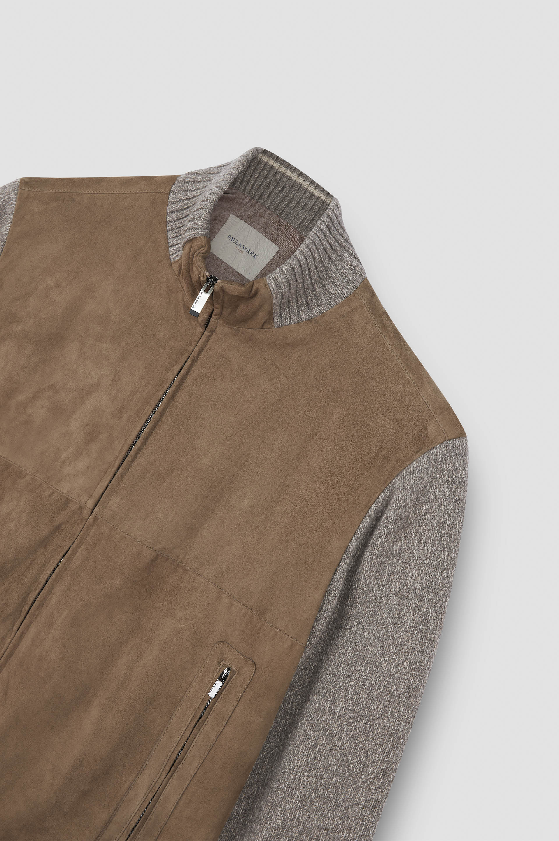 Cardigan Hybrid à zip en suède, laine et cachemire image number 5