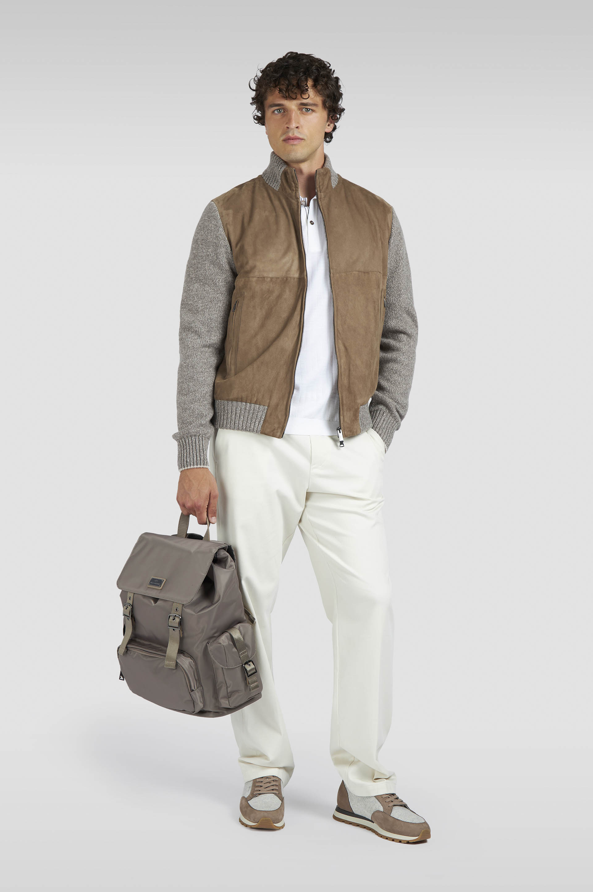 Cardigan Hybrid à zip en suède, laine et cachemire image number 2