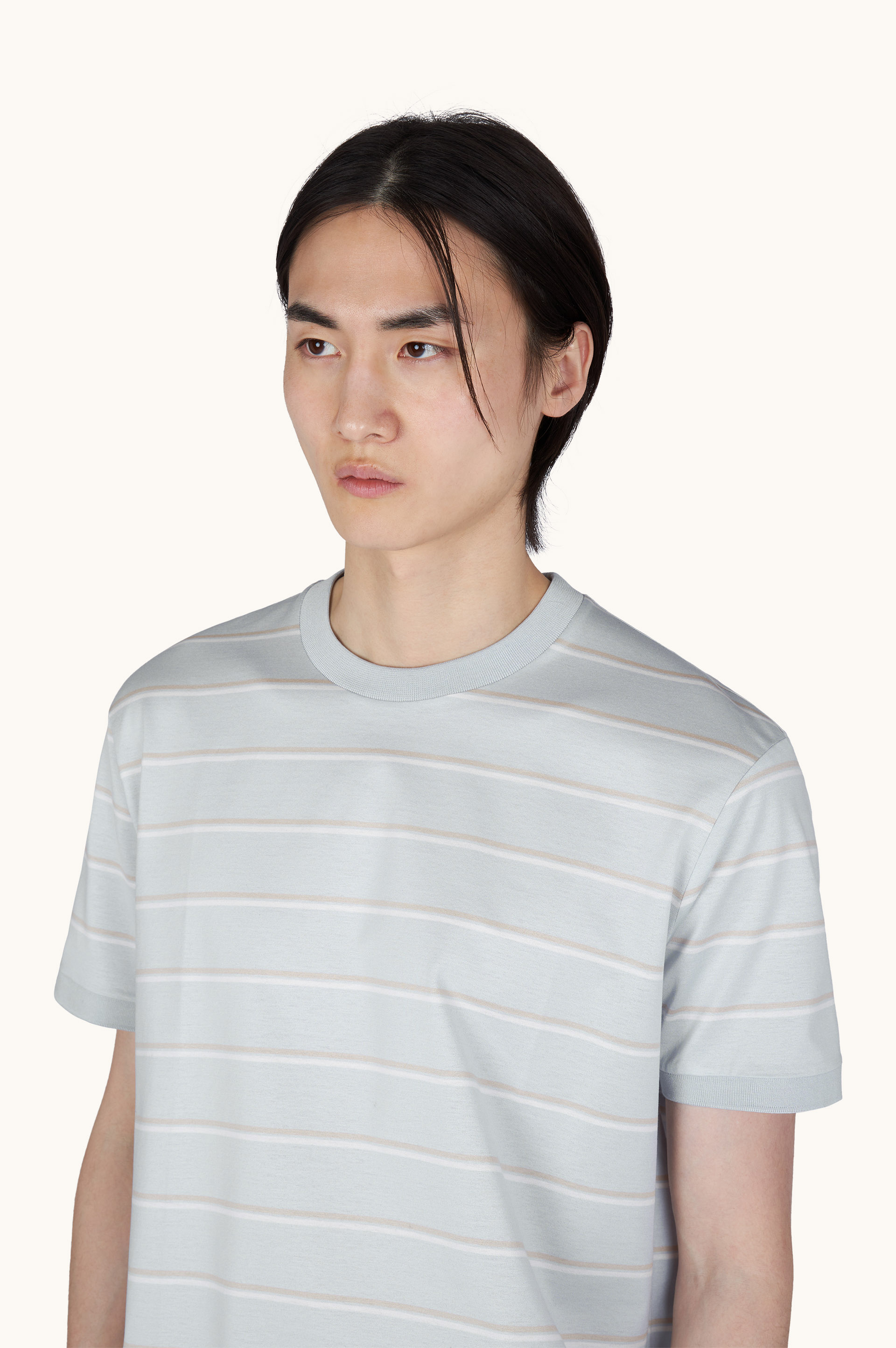 Double mercerised cotton jersey T-shirt with stripe pattern image number 4