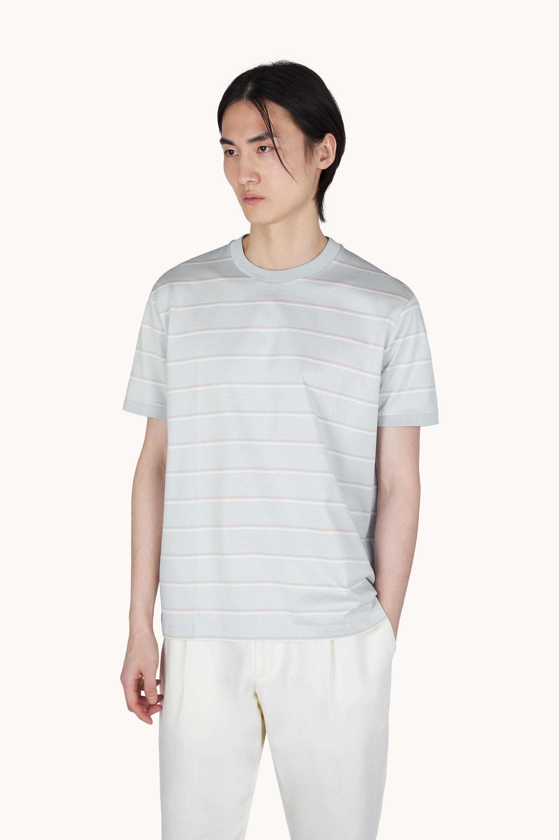 Double mercerised cotton jersey T-shirt with stripe pattern image number 0