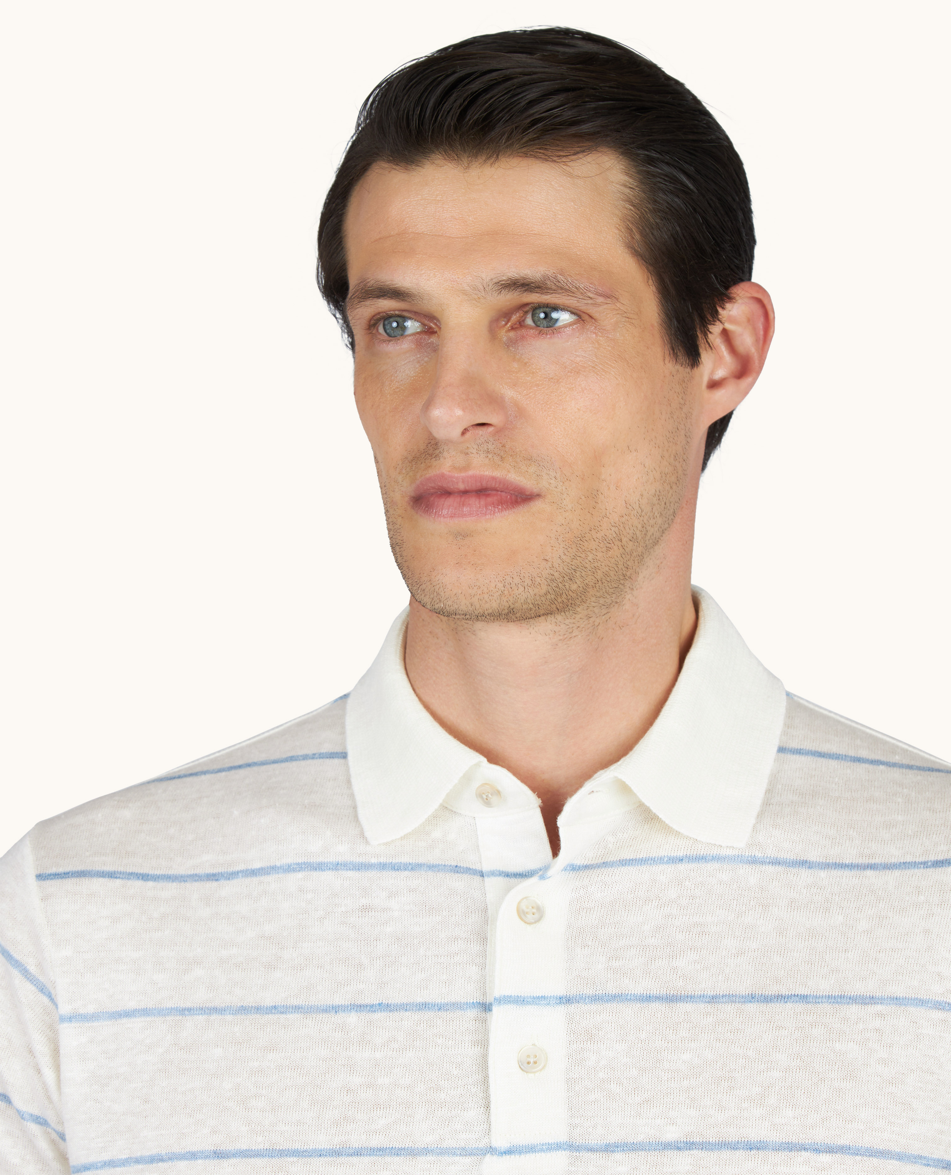 Pure linen jersey polo with striped pattern image number 4