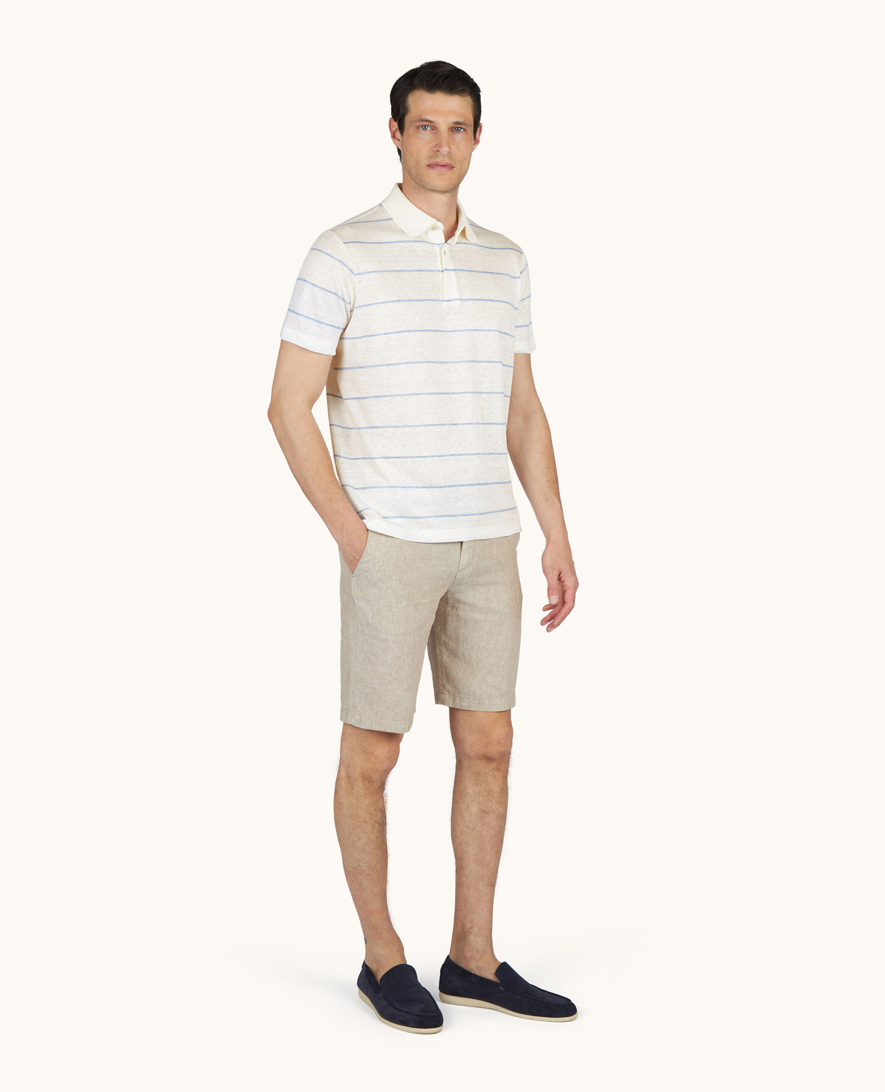 Pure linen jersey polo with striped pattern image number 2
