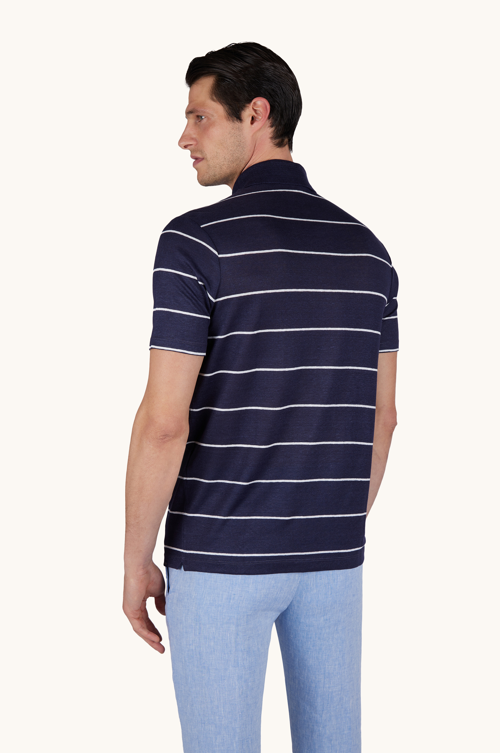 Pure linen jersey polo with striped pattern image number 3