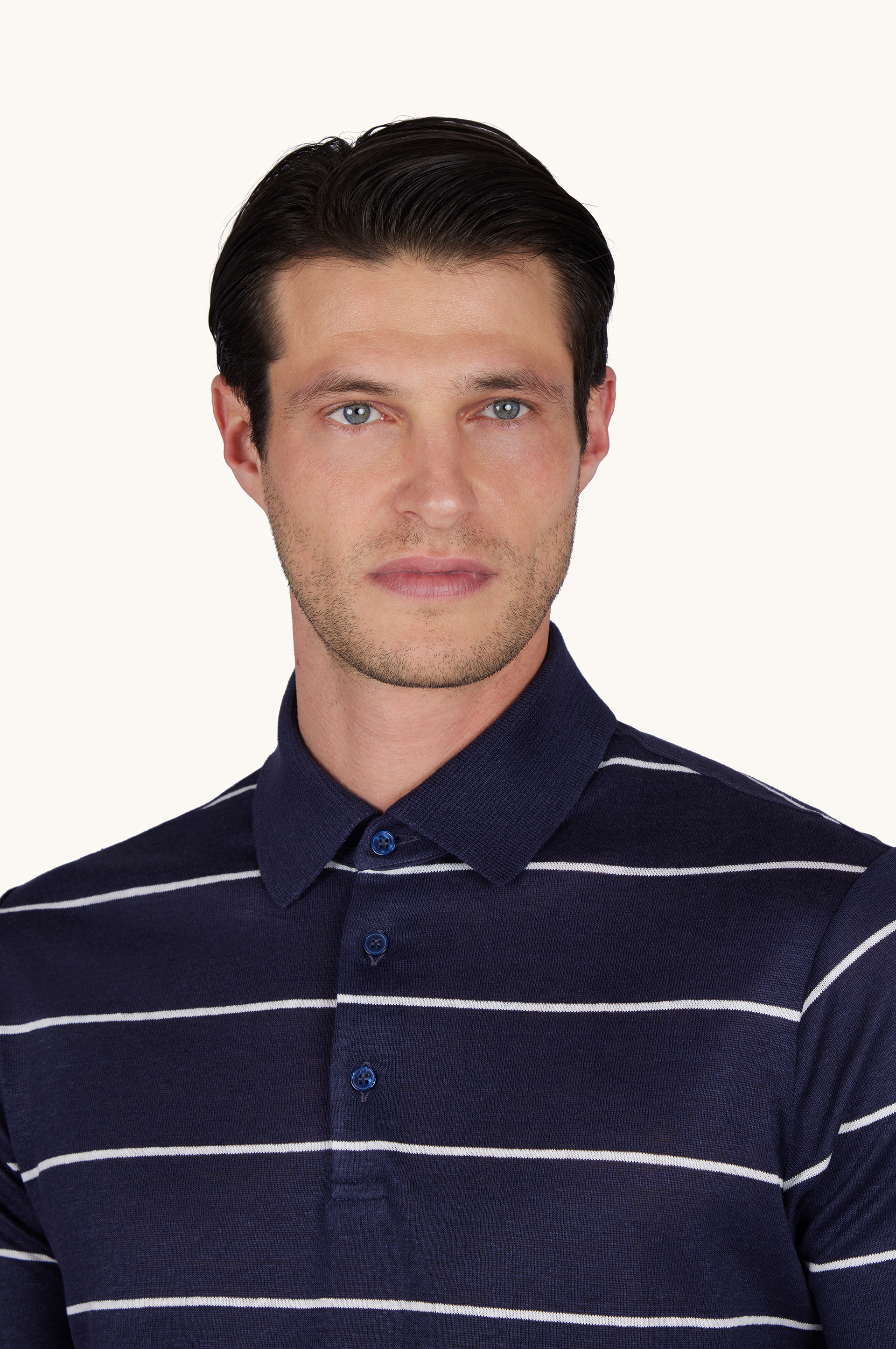 Pure linen jersey polo with striped pattern image number 5