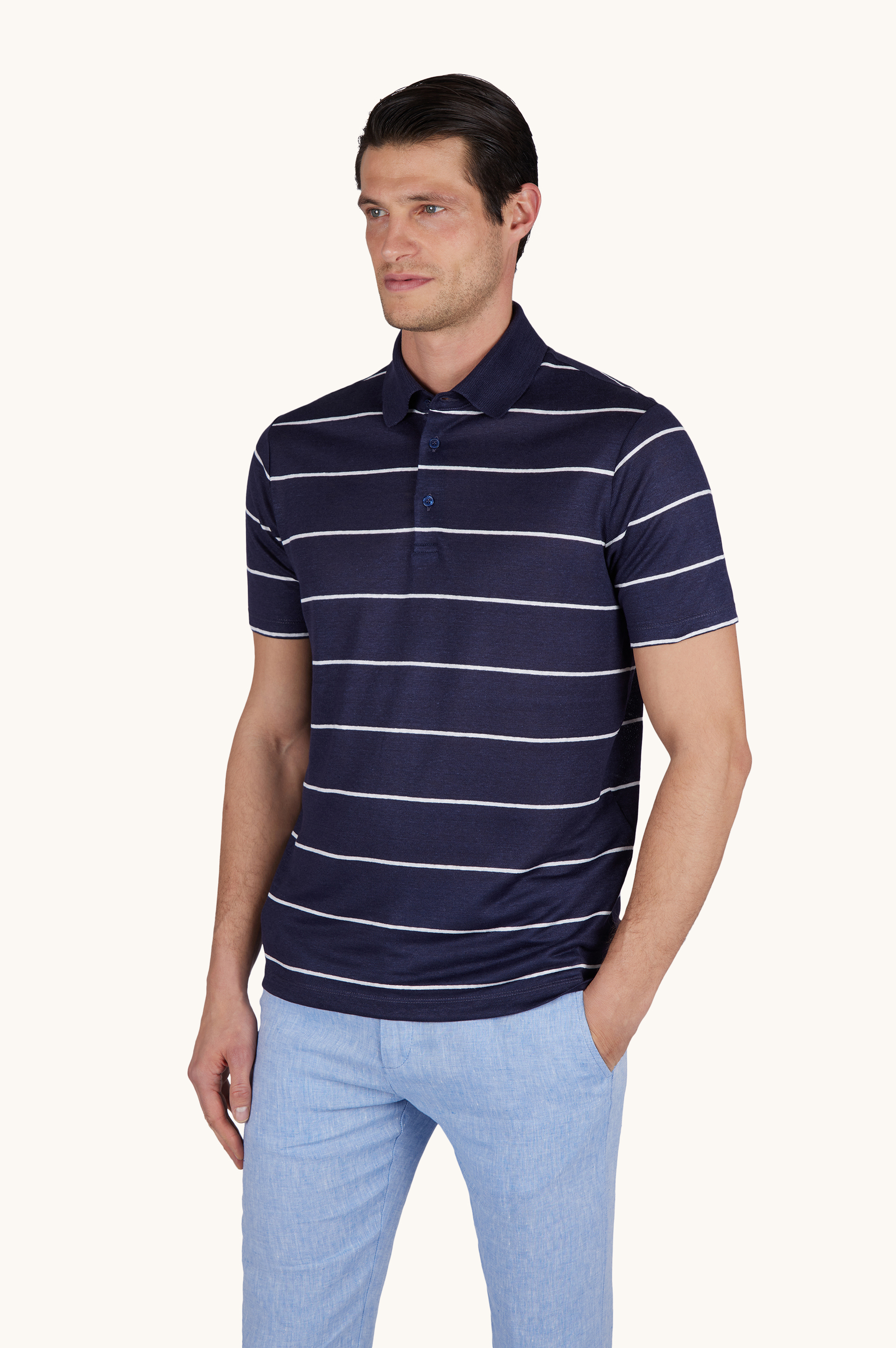 Pure linen jersey polo with striped pattern image number 0