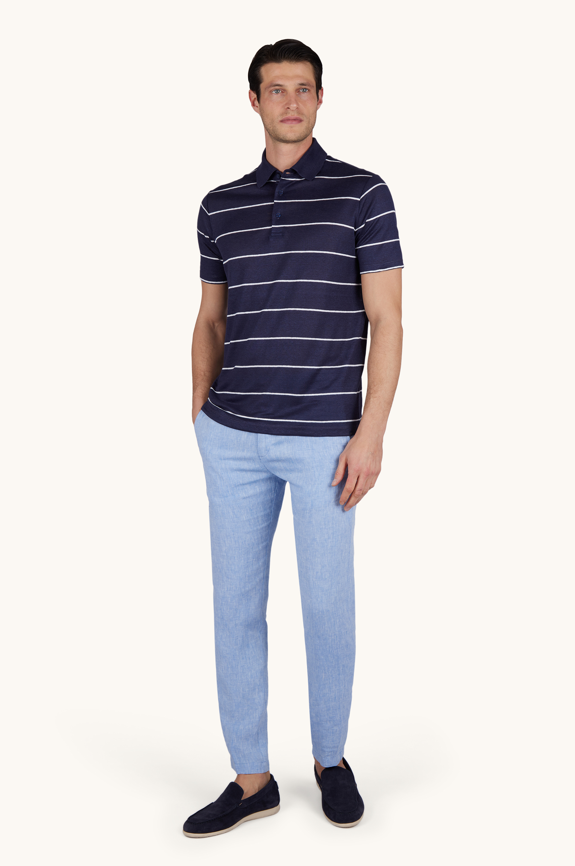 Pure linen jersey polo with striped pattern image number 2