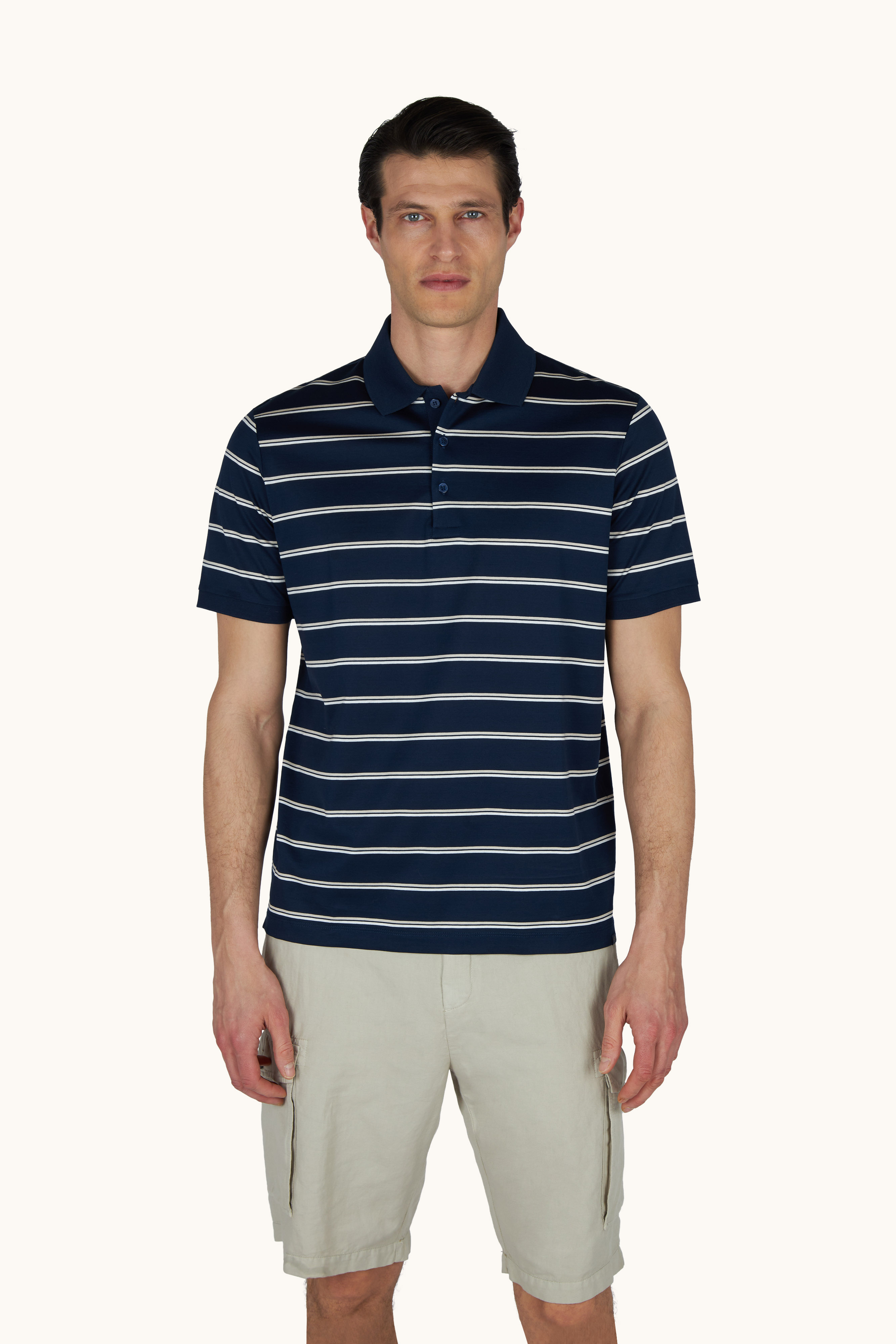Double mercerised cotton jersey polo with striped pattern image number 0