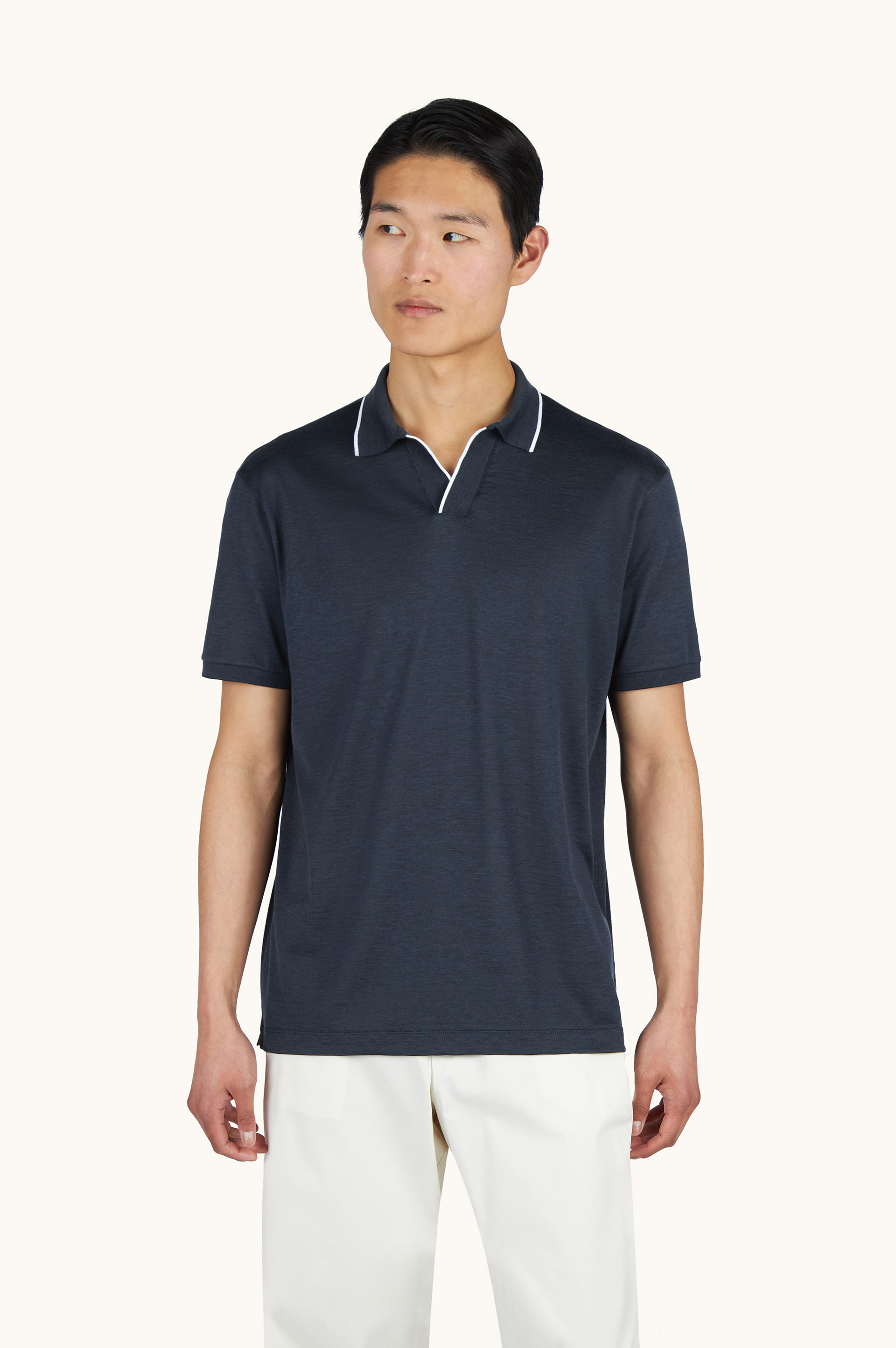 Open collar polo in cotton and silk image number 0