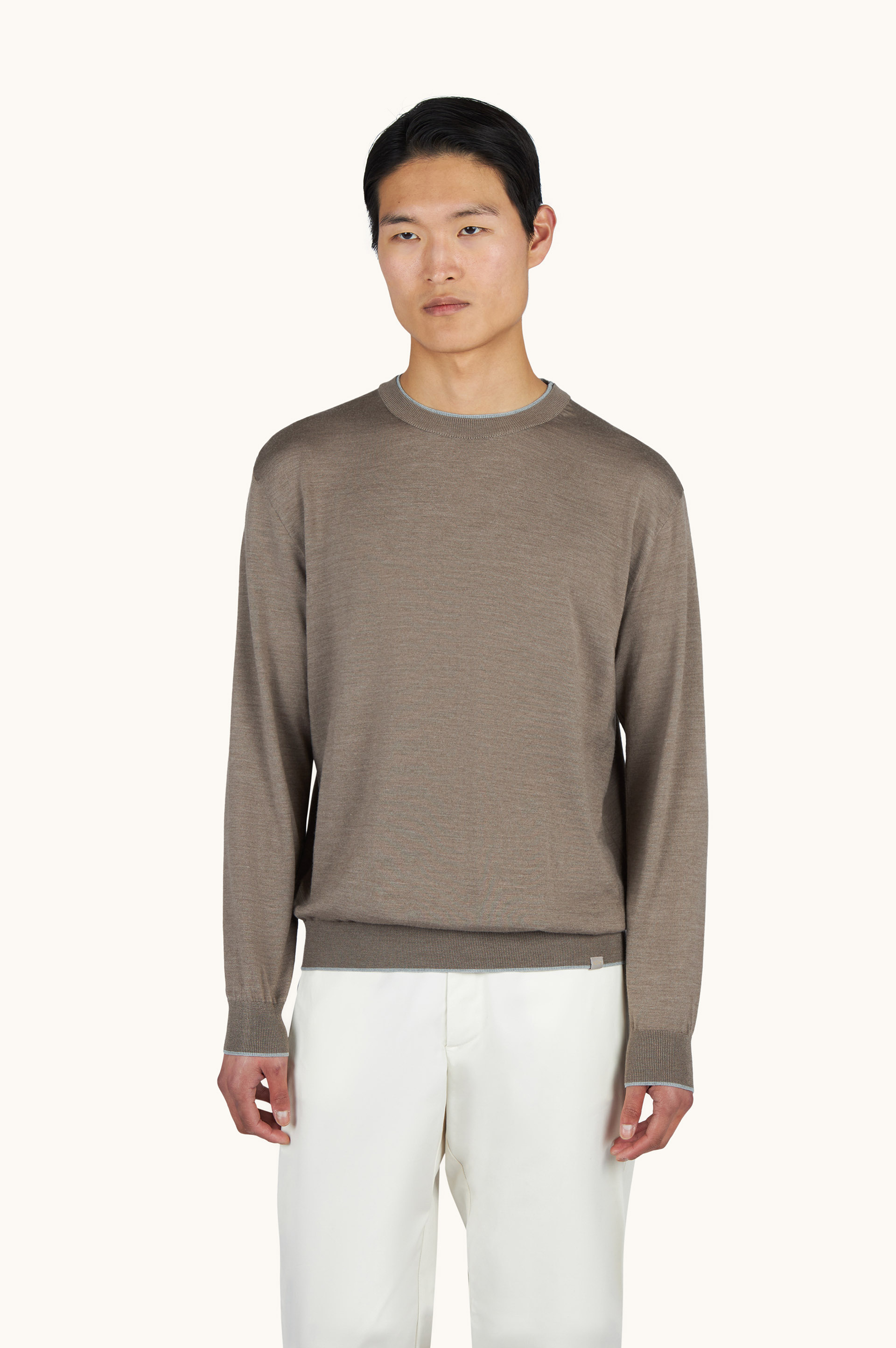 Crew‑neck sweater in wool and silk with double bicolor collar image number 0
