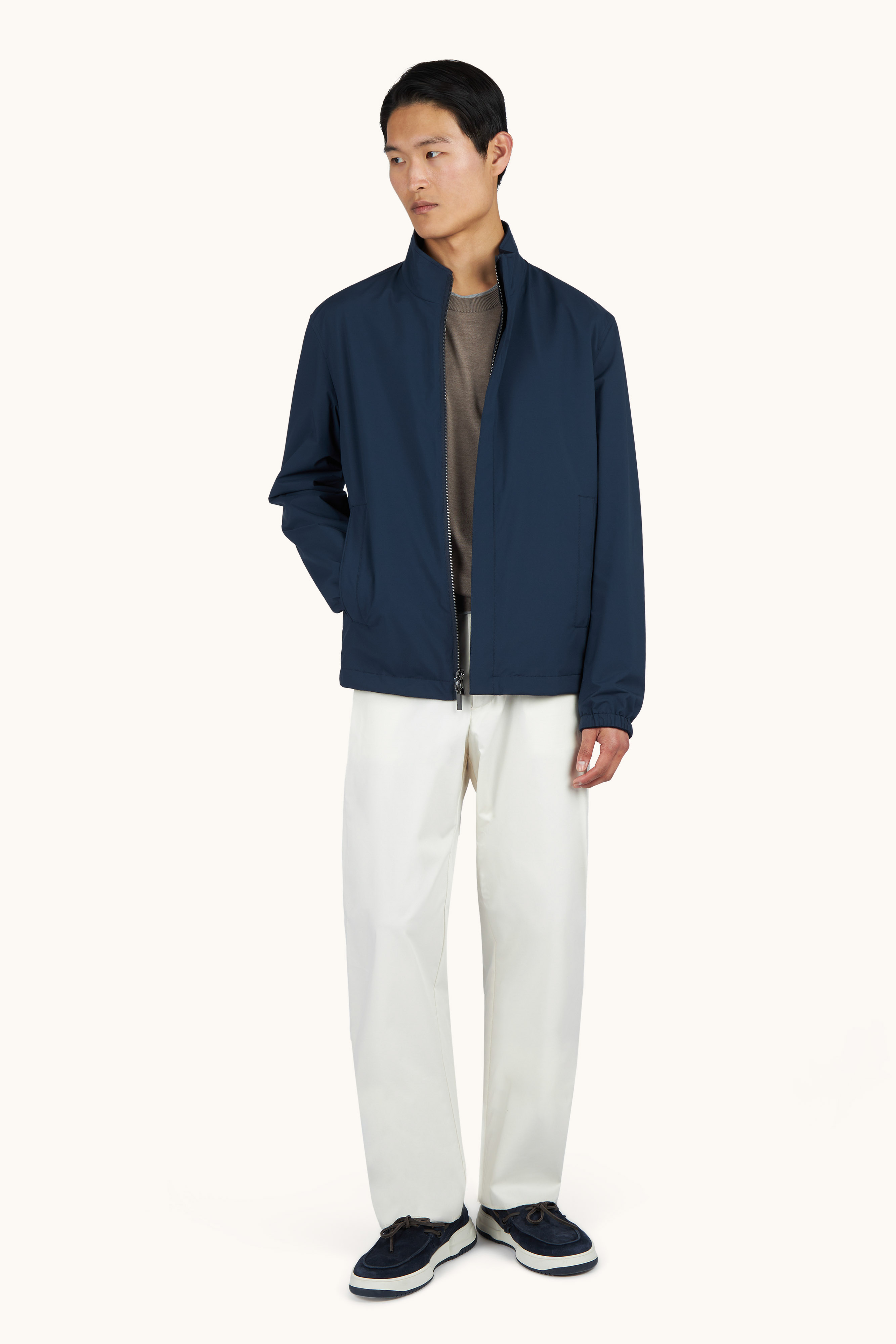 Crew‑neck sweater in wool and silk with double bicolor collar image number 1