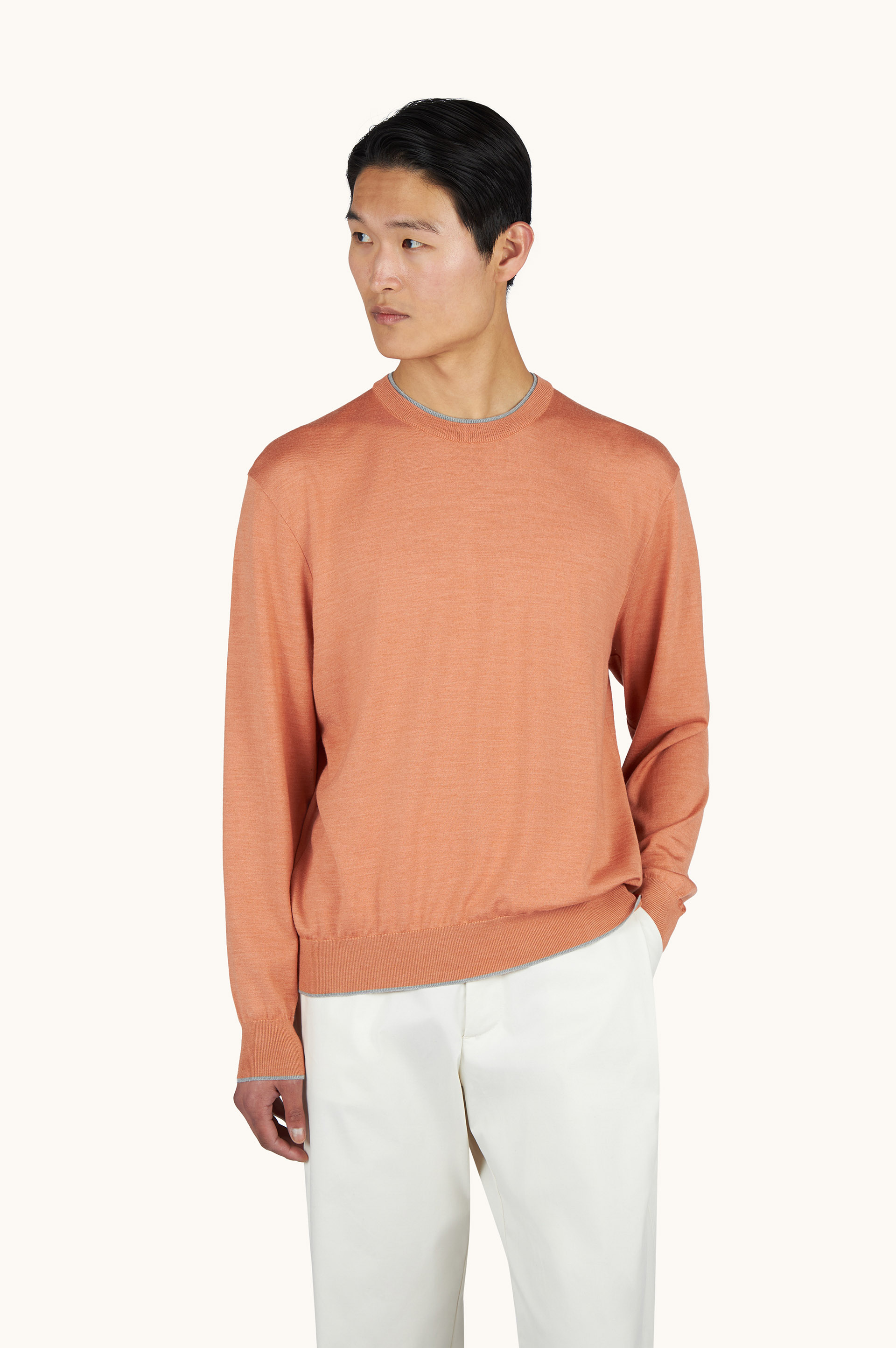 Crew‑neck sweater in wool and silk with double bicolor collar image number 0