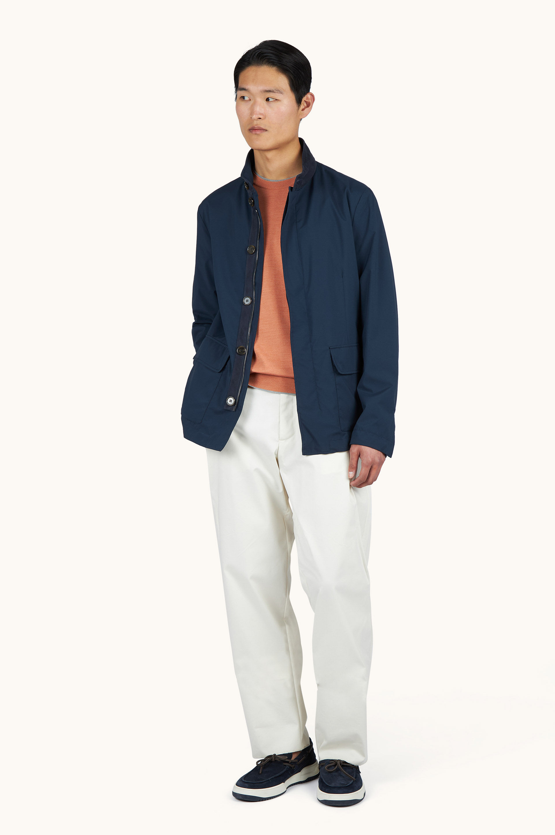 Crew‑neck sweater in wool and silk with double bicolor collar image number 1