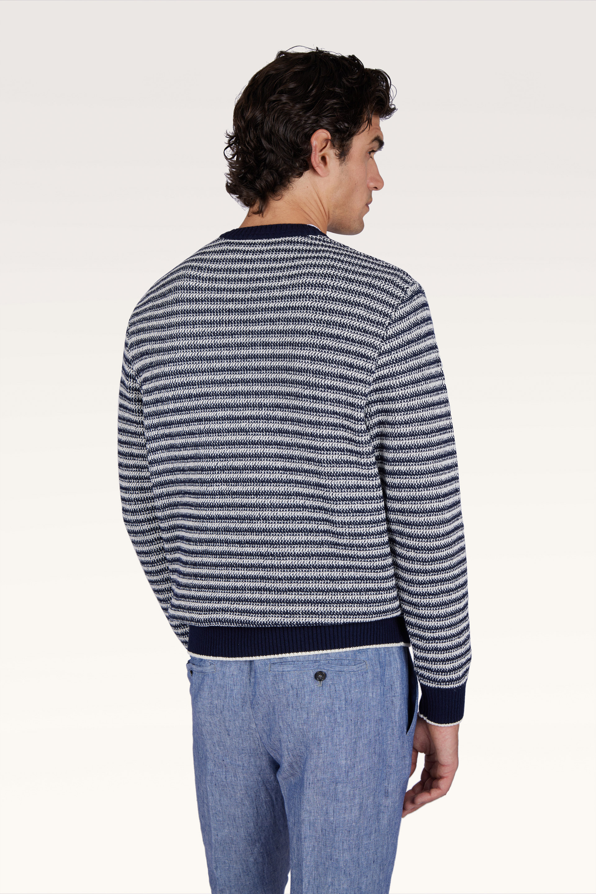 Crew‑neck sweater in boucl&eacute; cotton with striped pattern image number 3