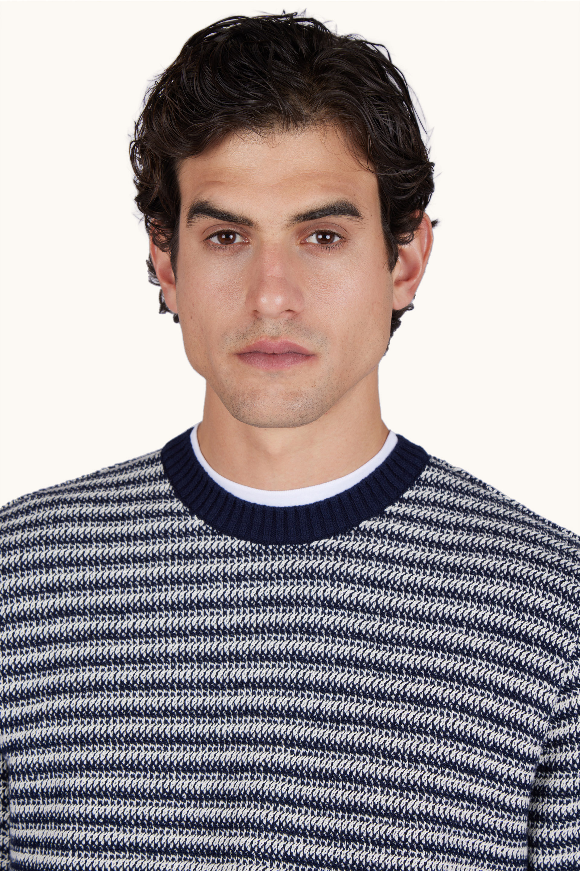 Crew‑neck sweater in boucl&eacute; cotton with striped pattern image number 4