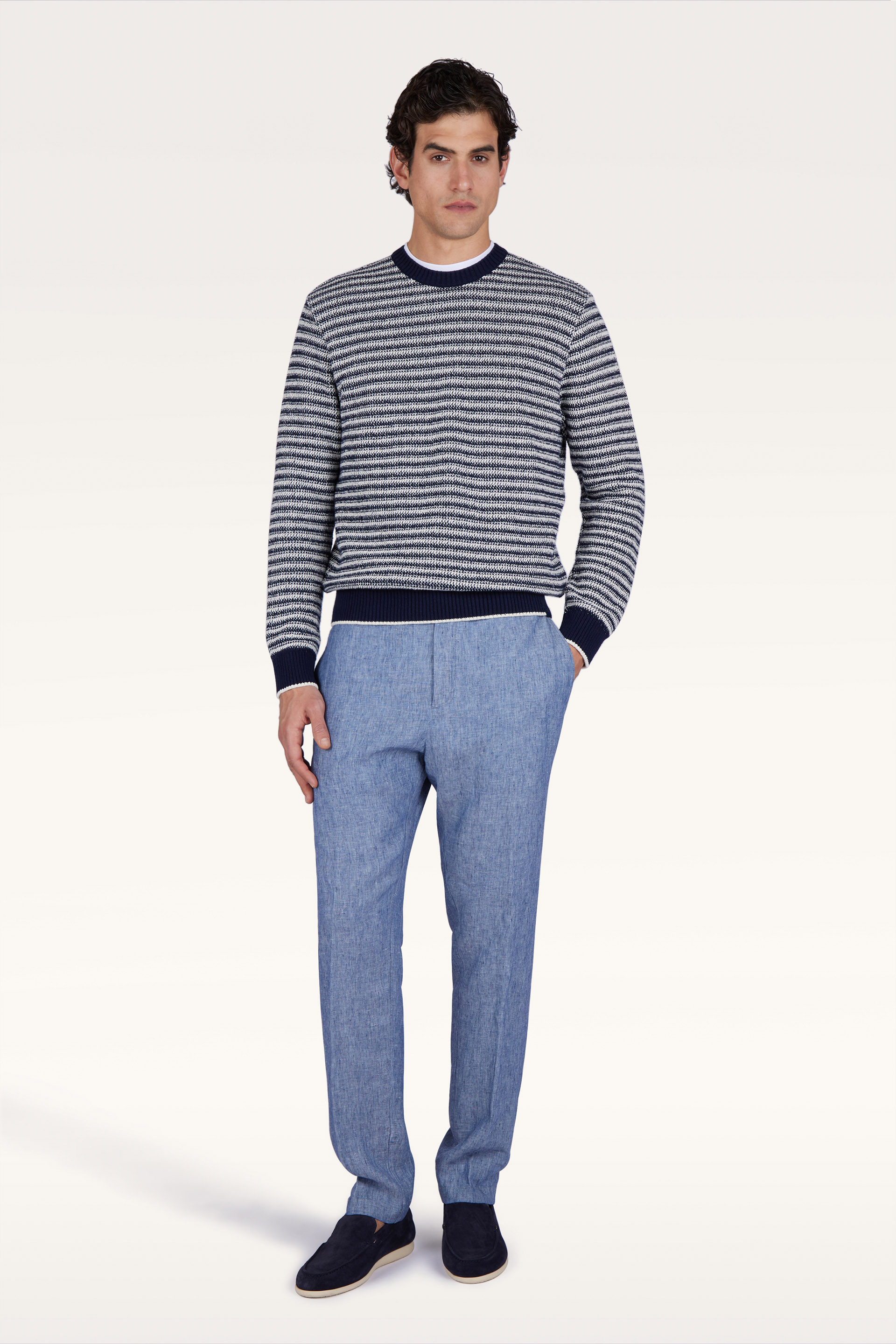 Crew‑neck sweater in boucl&eacute; cotton with striped pattern image number 2