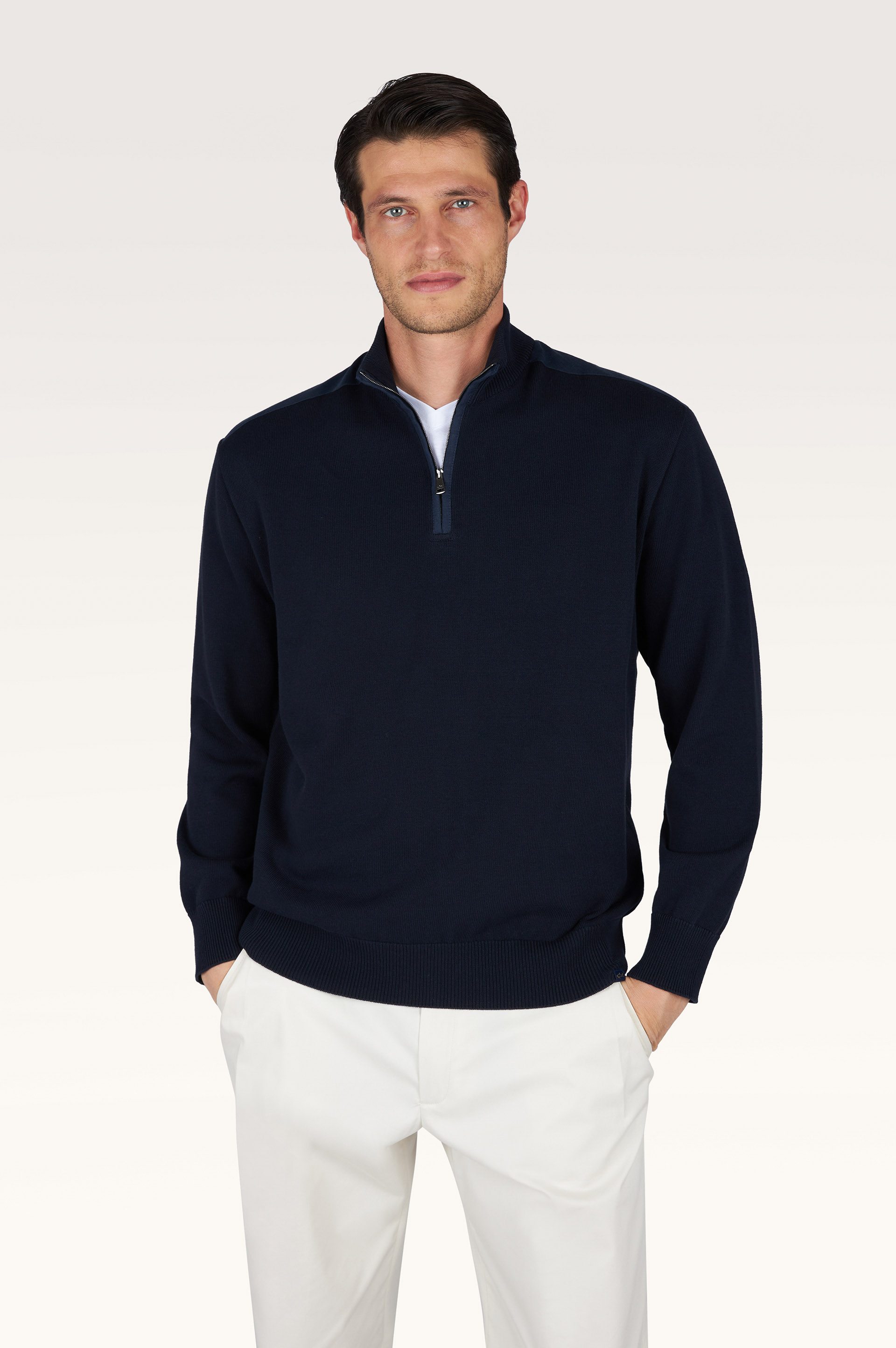 Halbzipp-Pullover aus Fresco-Baumwolle mit Leinen-Details image number 0