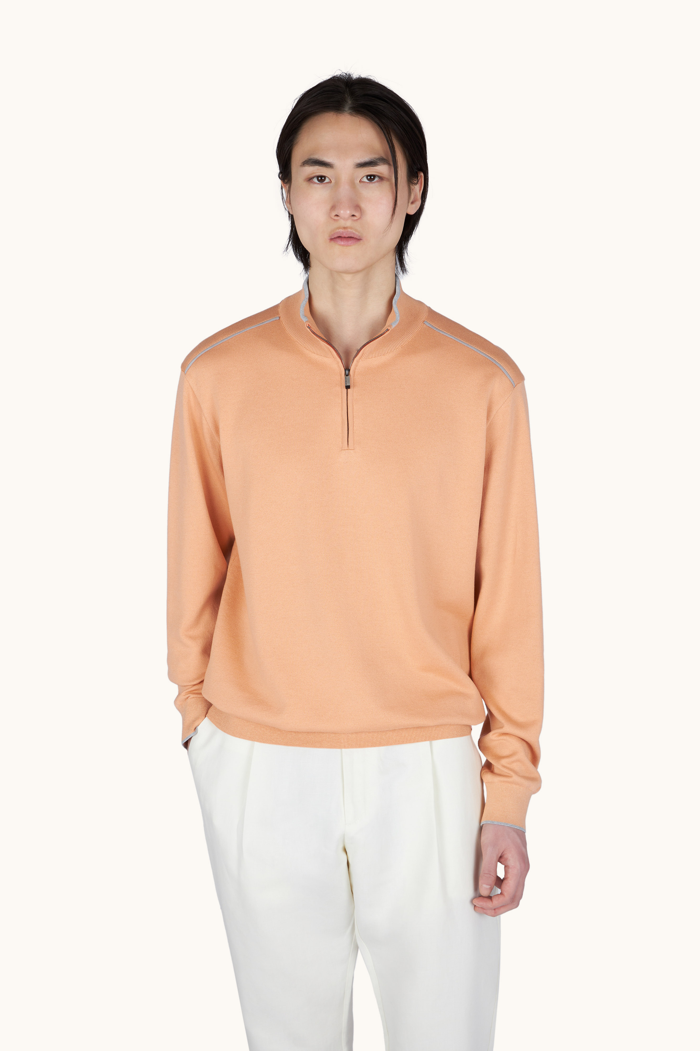 Pull demi‑zip en coton et soie avec d&eacute;tails en daim Aqualeather image number 0