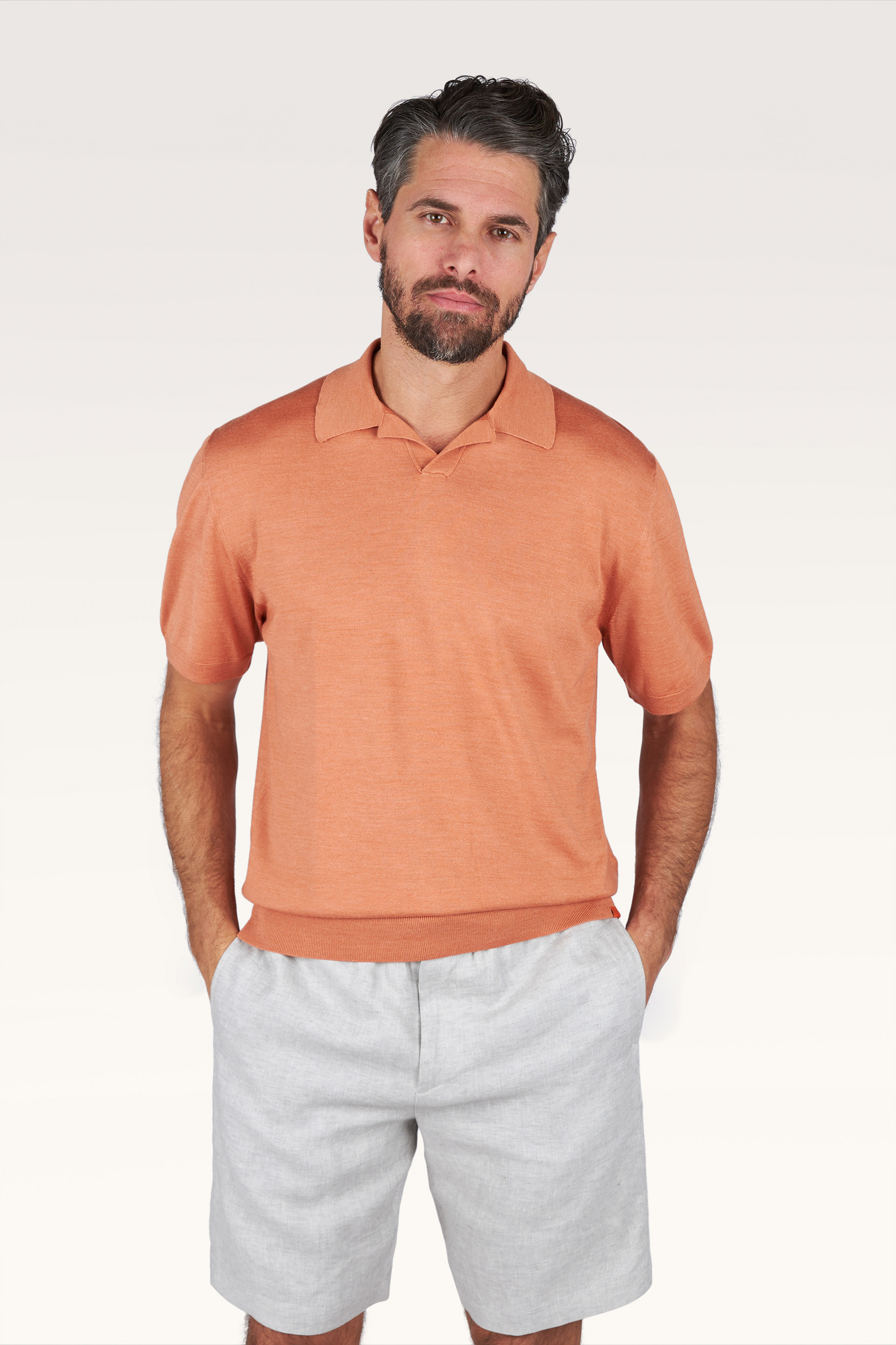 Polo open collar in lana e seta image number 0