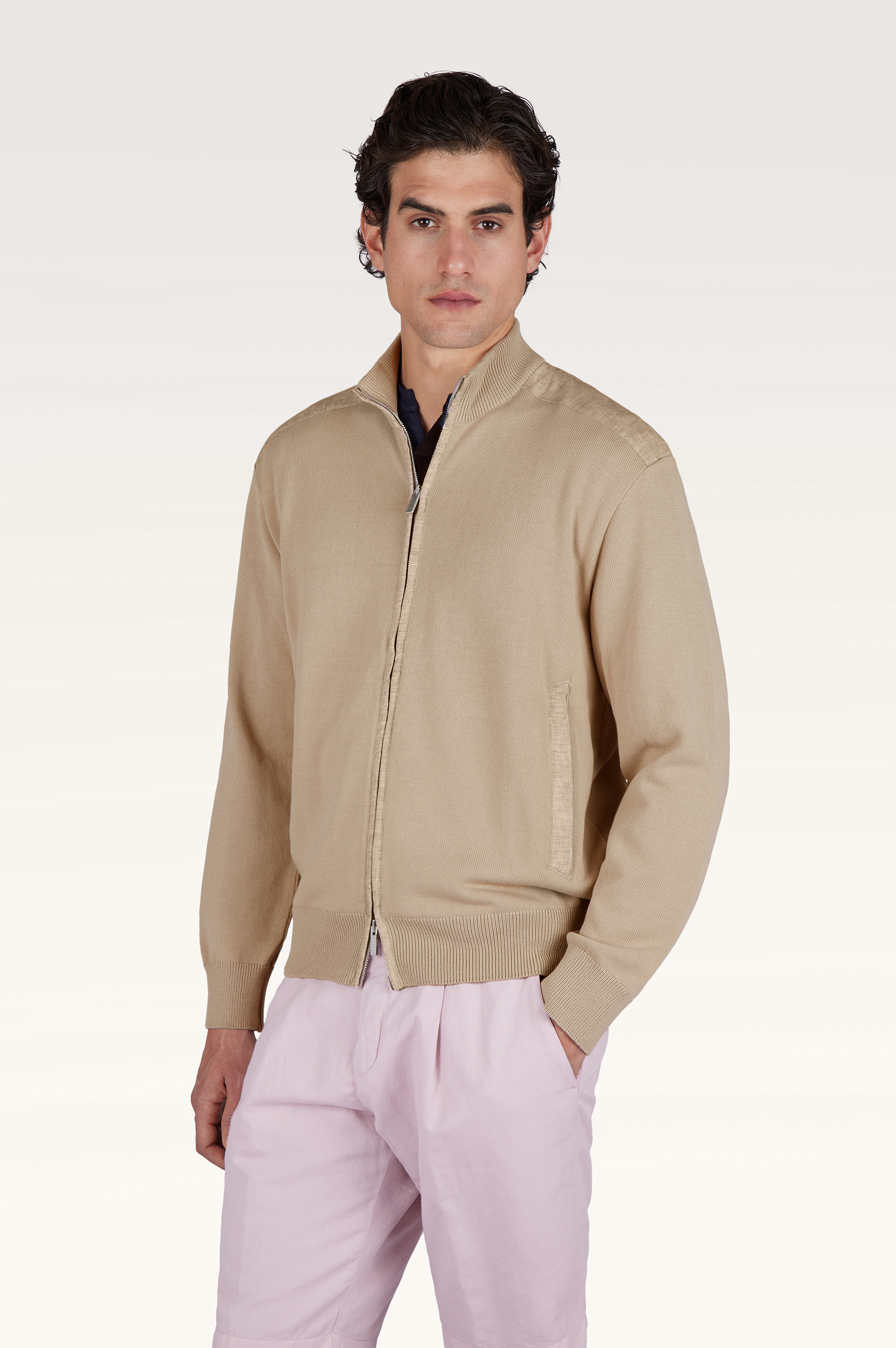 Zip‑up sweater in Fresco cotton with linen details image number 0