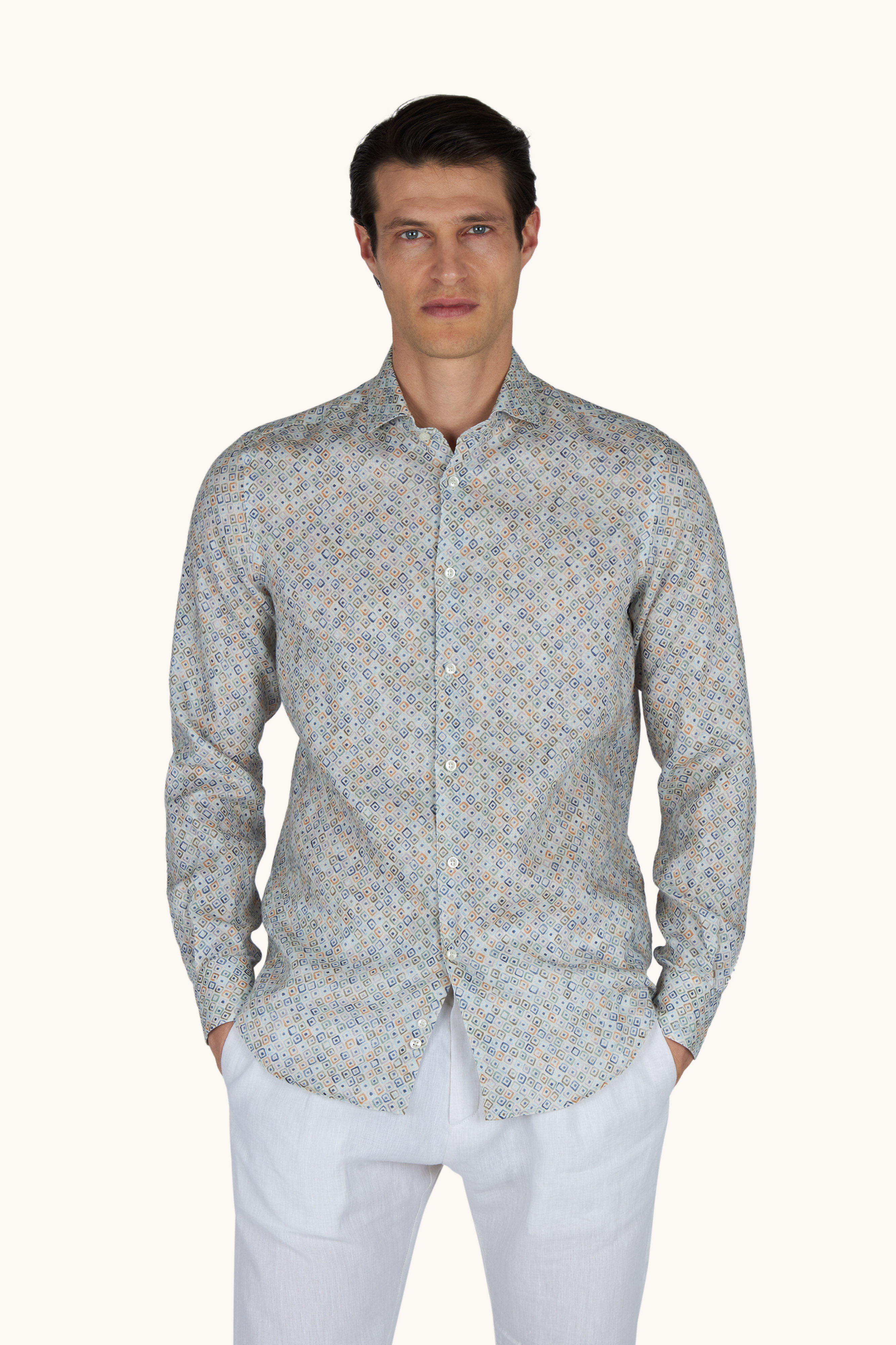 Camicia in lino con motivo Geometric Watercolor image number 0
