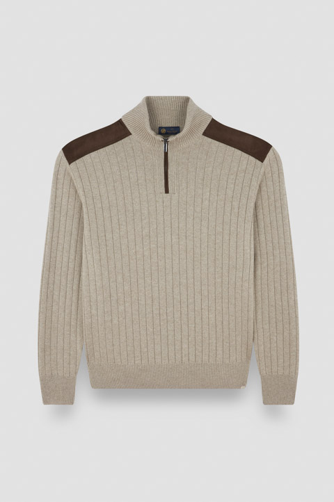 wool cashmere half zip sweater with suede details