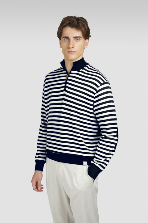 Striped wool cashmere half zip sweater