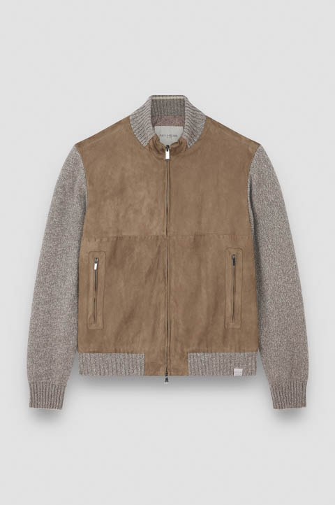 Hybrid zip-up caridgan in suede, wool and cashmere