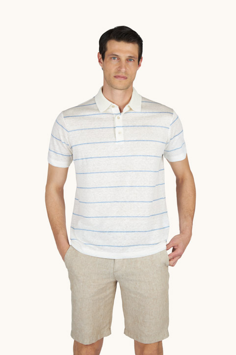 Pure linen jersey polo with striped pattern