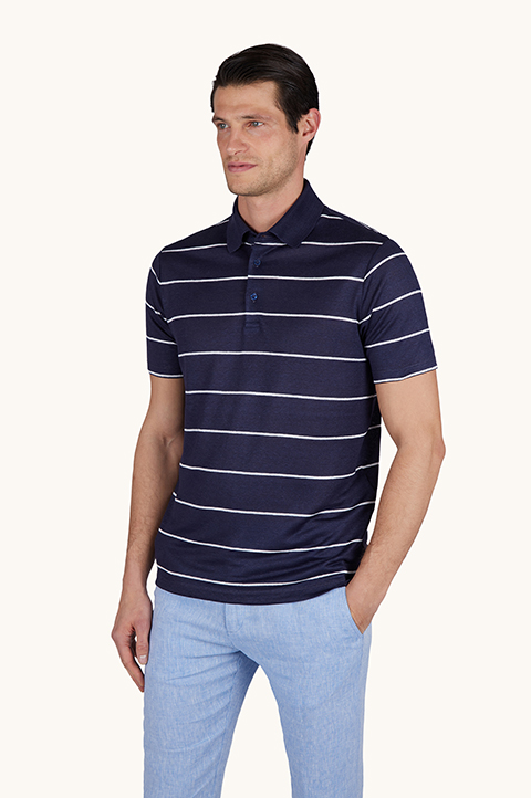 Pure linen jersey polo with striped pattern