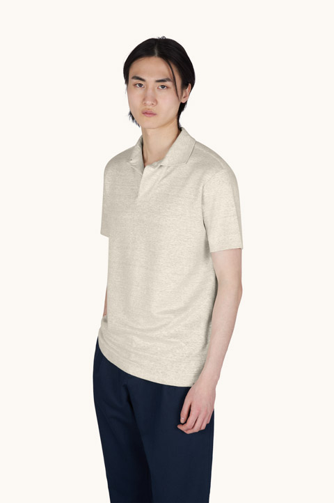 Open collar polo in linen jersey