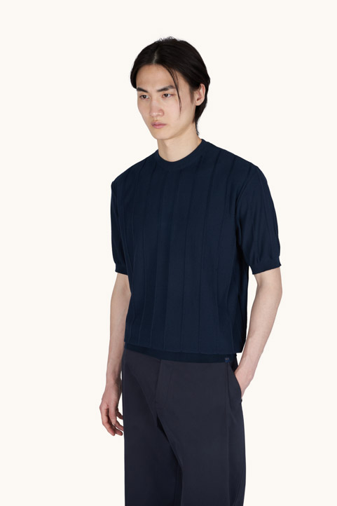 Crew‑neck sweater in Piuma cotton with linen details