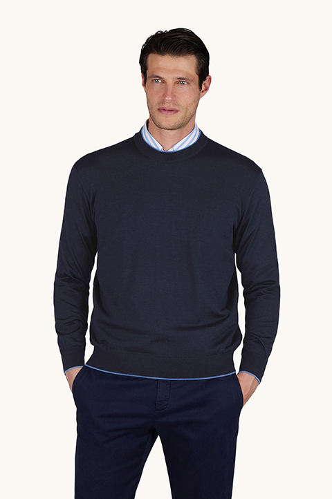 Джемпер с круглым вырезом из шерсти и шелка с двойным двухцветным воротником