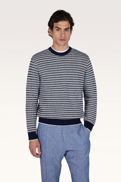 Crew‑neck sweater in boucl&eacute; cotton with striped pattern