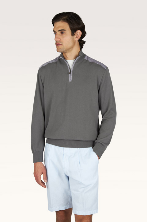 Half‑zip sweater in Fresco cotton with linen details